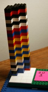 Photograph of a framework built out of Legos designed to hold dice in two stacks.