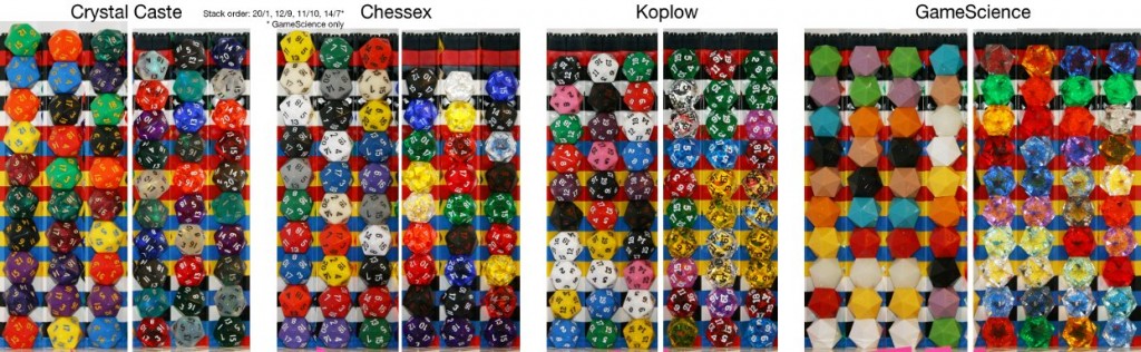 Image of stacks of dice from Crystal Caste, Chessex, Koplow, and GameScience. The stacks are assembled from multiple photographs.