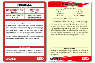 Two spellbook cards for "Fireball", the original from Gale Force Nine and a redesigned one.
